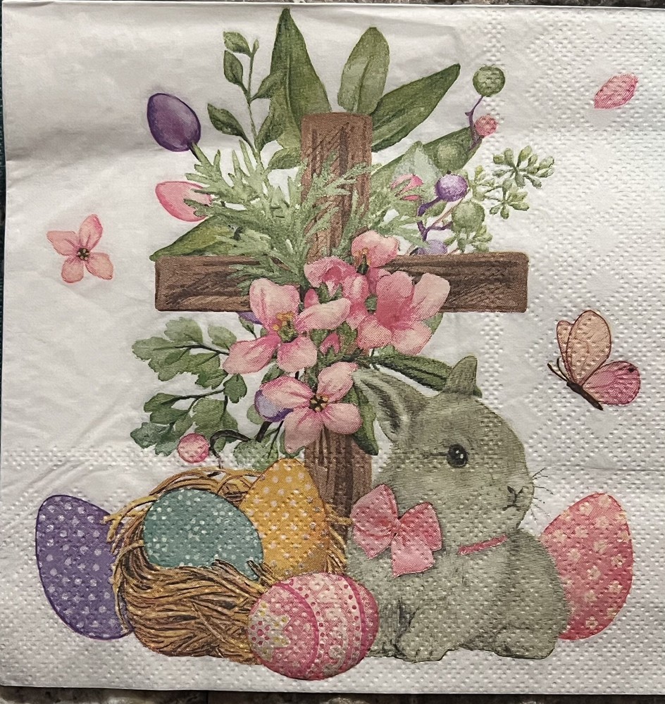 TWO Paper LUNCHEON Decoupage Art Craft Napkins – EASTER BUNNY RABBIT/cross