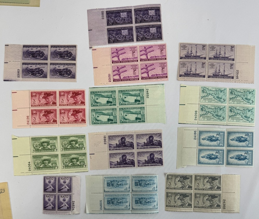 13 Different US Commemorative Plate Blocks of 4 MNH 1944–1952 Americana