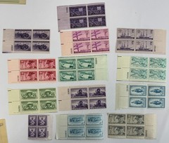 13 Different US Commemorative Plate Blocks of 4 MNH 1944–1952 Americana
