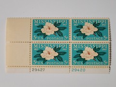 1967 US postage stamp Mississippi plate block of 4 5c Scott #1337