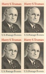 HARRY S TRUMAN-Block of 4 Collectible Unused 1973 Stamps—FREE SHIPPING