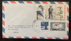 Vintage 1963 Airmail Cover from USA to Nepal | 5¢ Red Cross, Sam Houston, Birds
