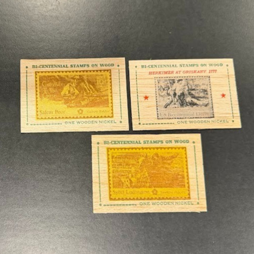 Bi-Centennial Stamps on Wood – One Wooden Nickel