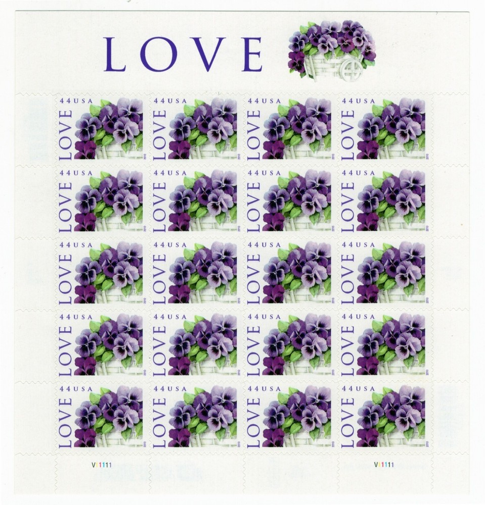 US 2010 SC 4450 44c LOVE, Purple Pansies – Full Sheet of 20 – MNH Fresh