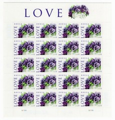 US 2010 SC 4450 44c LOVE, Purple Pansies – Full Sheet of 20 – MNH Fresh