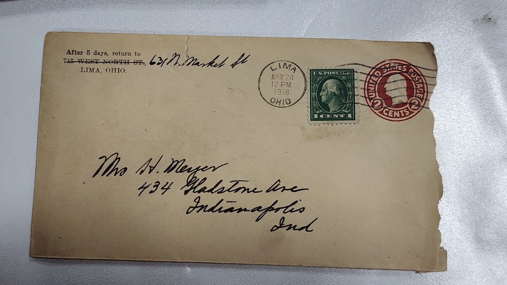 1918 Green George Washington 1 Cent Stamp Still On Original Envelope Ungraded