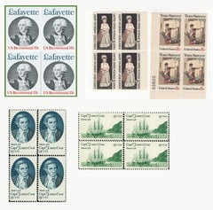 US Postage Stamps 5 Blocks of 4 + 10 Topicals Lafayette, Capt. Cook, Copley MNH