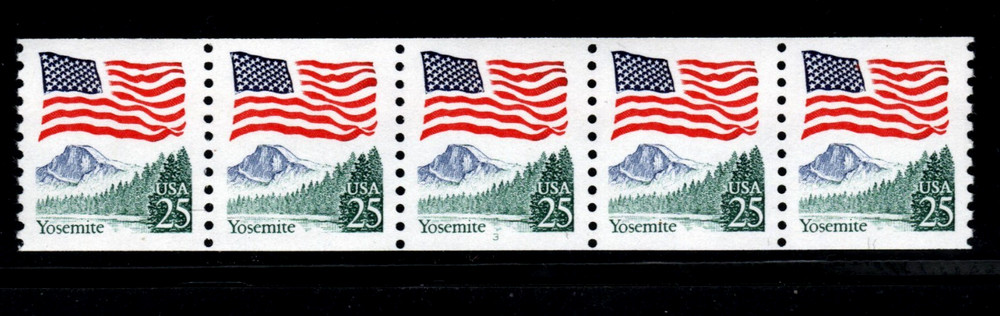 US Stamps – 25¢ Flag/Yosemite Park – Plate #3 Coil Strip of 5 MNH stamp SC#2280
