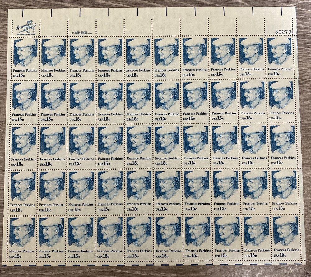 US SCOTT 1821 PANE OF 50 FRANCES PERKINS STAMPS 15 CENT FACE MNH