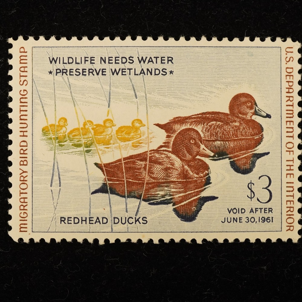 1960 $3 Federal Redhead Ducks Stamp, Lightly Hinged – Free Shipping USA