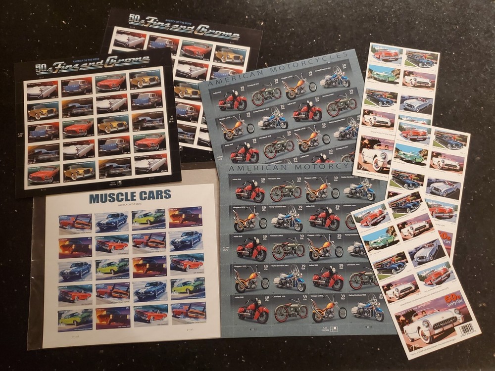 Lot of 8 Sheets Muscle Cars, 50s Fins, Motorcycles Postage Stamp MNH Full Sheets