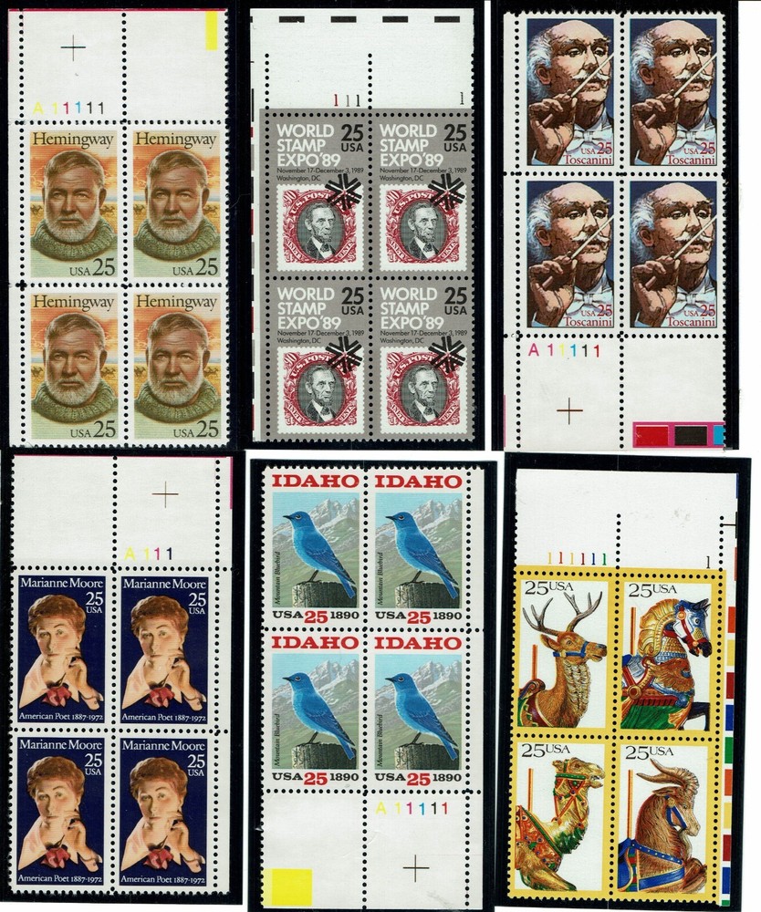 6 DIFFERENT 25c PLATE BLOCKS – MNH