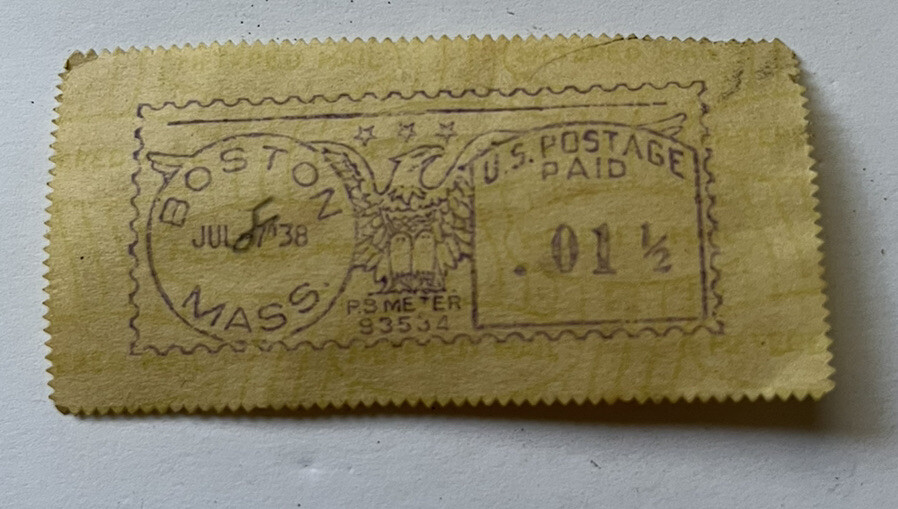 Purple Antique Pitney Bowes Model «JD» Eagle Indicia Boston July 1938 Postage 1c