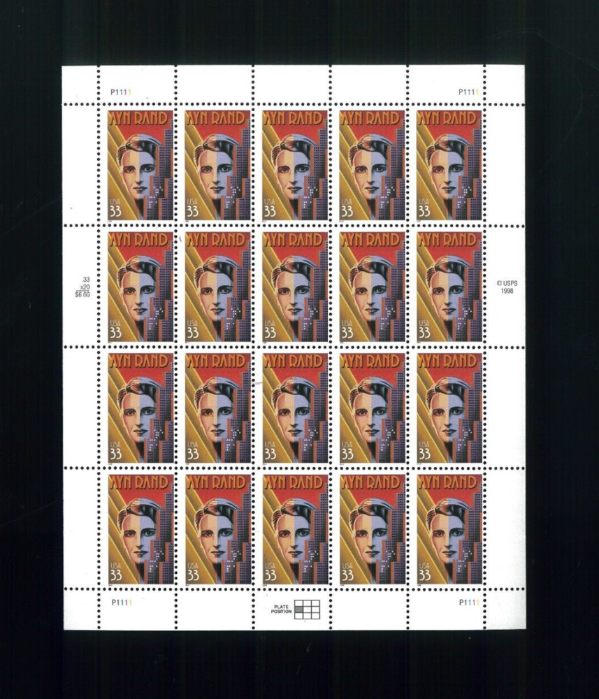 United States 33¢ Author Ayn Rand Postage Stamp #3308 Mint Full Sheet