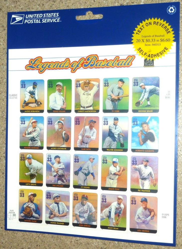 USPS 2000 Sheet of 20 «Legends of Baseball» 33¢ Stamps USA Scott 3408 MNH