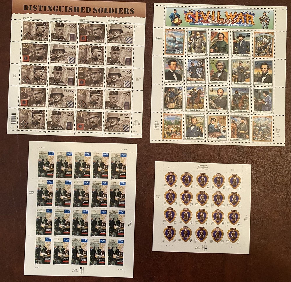 USPS Stamp Lot- Distinguished Soldiers Louisiana Purchase Purple Heart Civil War
