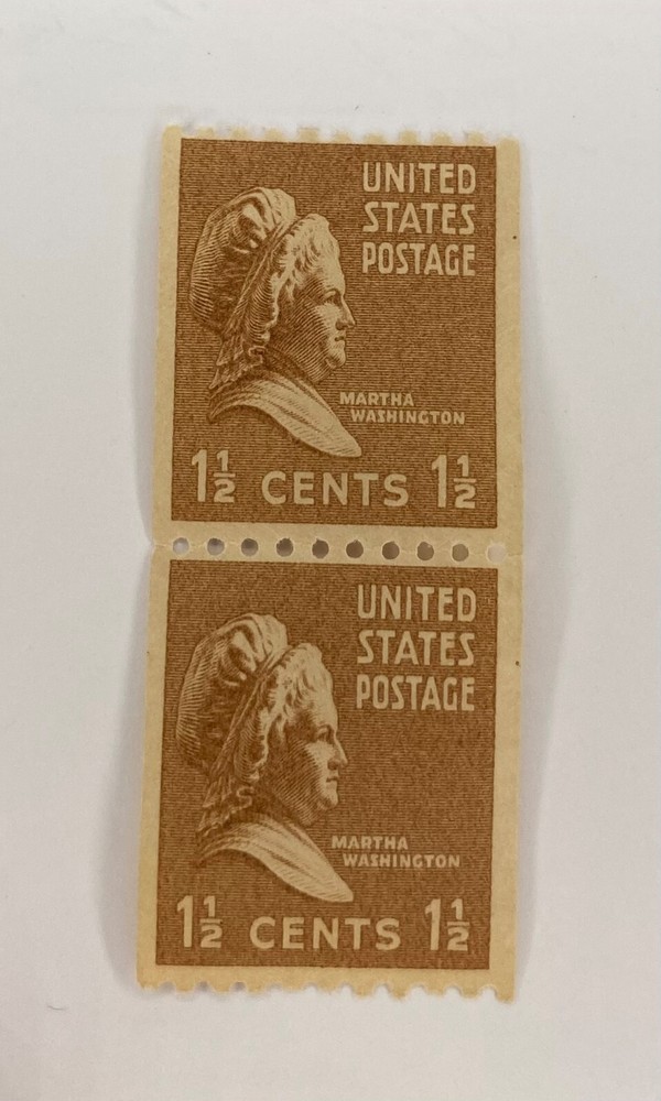 Martha Washington Coil Pair 1 1/2 cent brown stamp 1939 #849 Unused MNH M2919