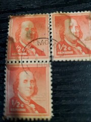 Ben Franklin 1/2 cent Stamp Block of 7 Used