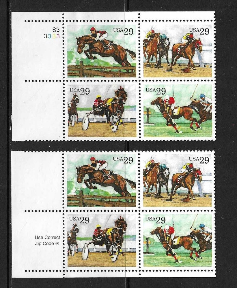 USA SC # 2759a Sporting Horses . BLK4 , Plate number, Zip Code . MNH..