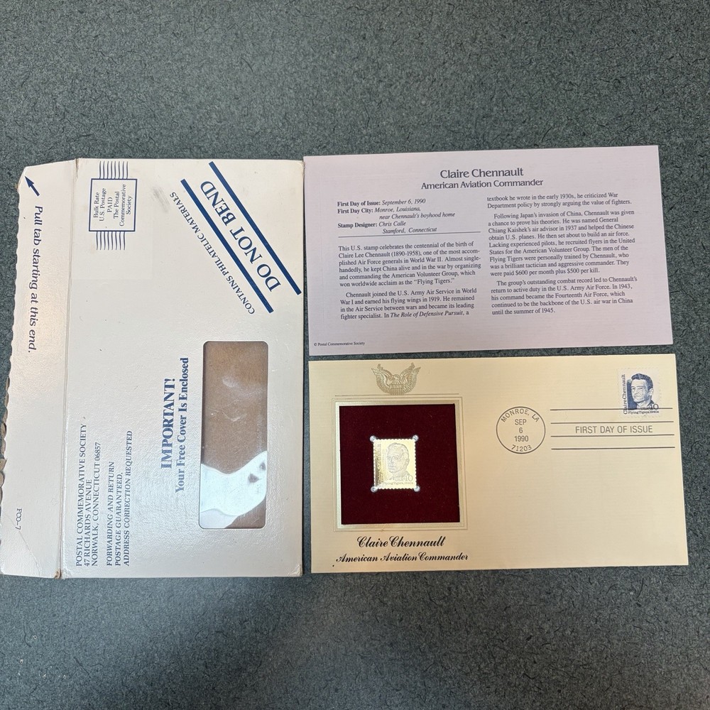 Clair Chennault Gold Stamp 1st Day POSTAL COMMEMORATIVE SOCIETYMilitary Aviation