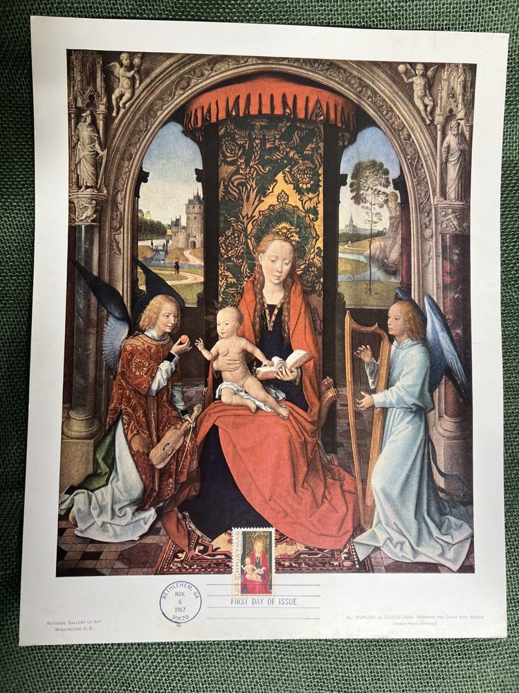 MADONNA and CHILD with ANGELS by Memling 11×14 Print w/Bethlehem stamp (1967)