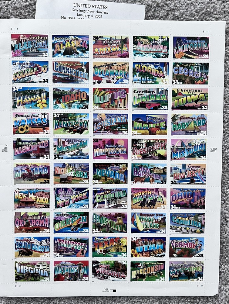 United States Greetings From America Mint Sheet 50 stamps Never Used