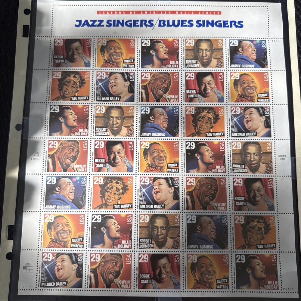 US SCOTT 2854 – 61 PANE OF 35 JAZZ/BLUES SINGERS STAMPS 29 CENT FACE MNH