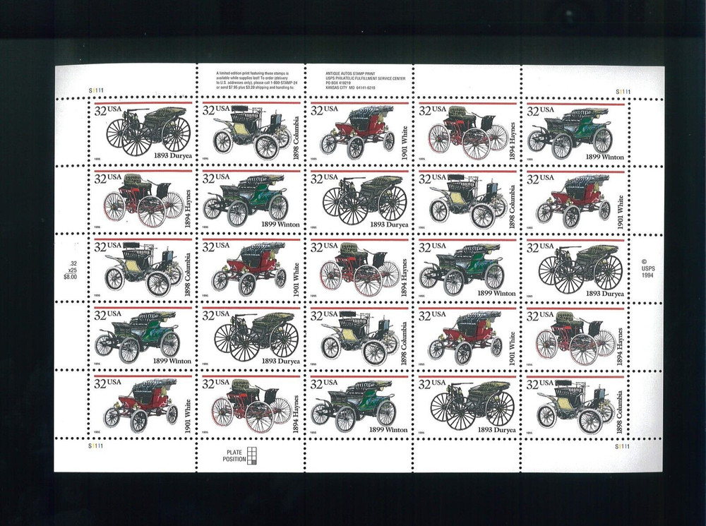 United States 32¢ Antique Automobiles Postage Stamp #3019-23 MNH Full Sheet