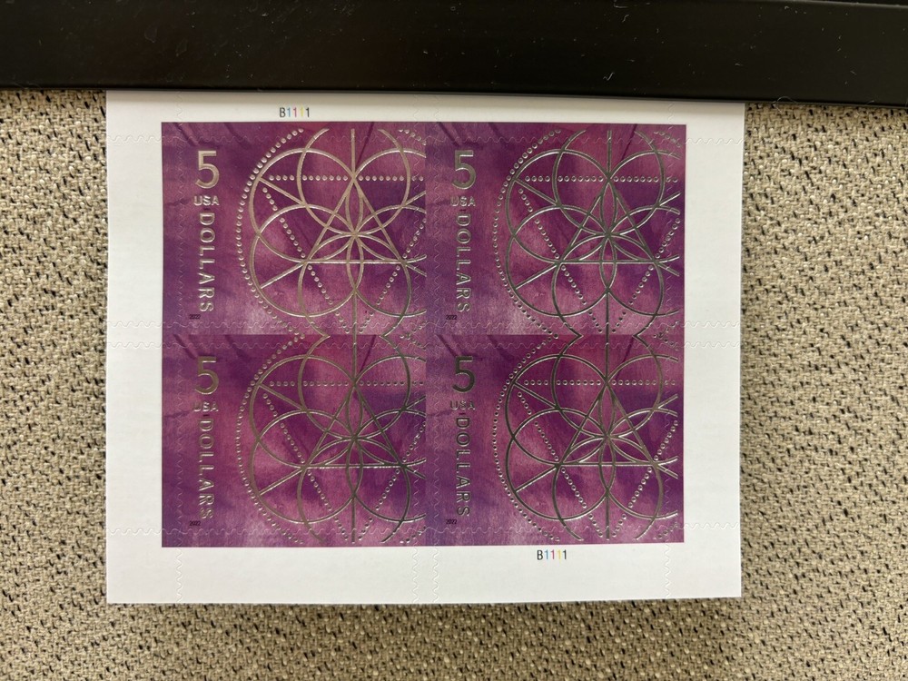 Sheet of 4 2022 USPS Floral Geometry Purple $5, $20 Total Self-Adhesive Stamps