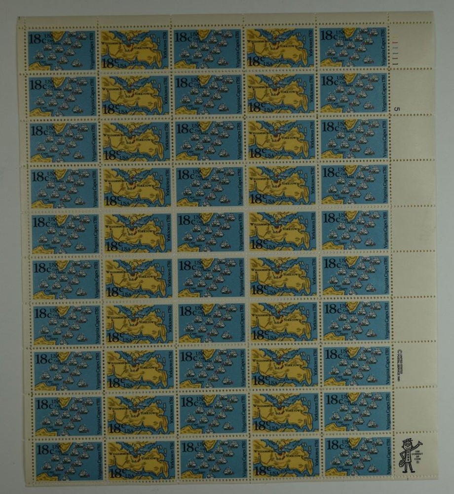 US SCOTT 1937 – 38 PANE OF 50 VIRGINIA CAPES STAMPS 18 CENT FACE MNH