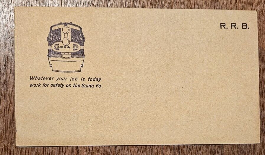 Santa Fe Railroad envelope R.R.B. Retirement Board w slogan & train logo Unused