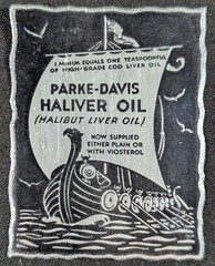 Vintage Parke-Davis Haliver Fish Oil Viking Ship Boat Poster Stamp