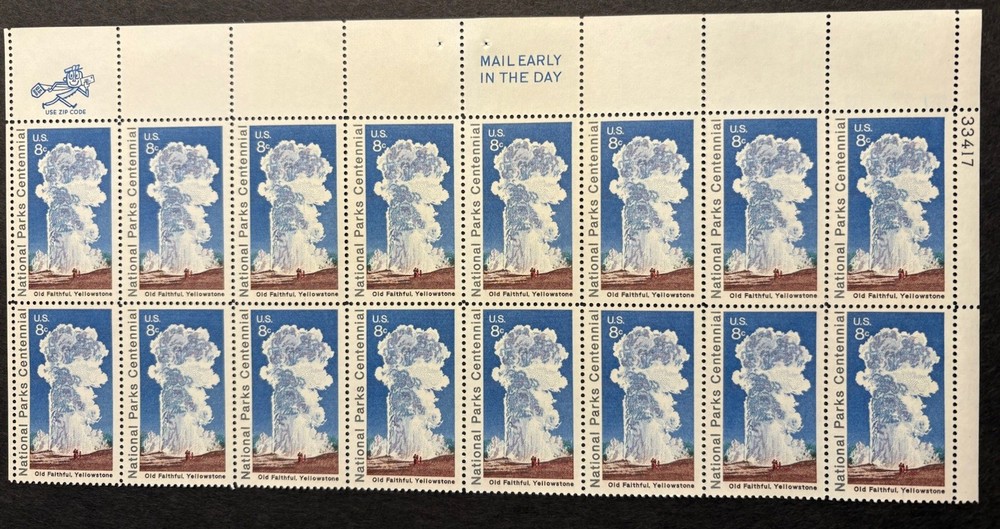 1972 US Scott #1453 8c National Parks Centennial Yellowstone Stamps MNH Block 16