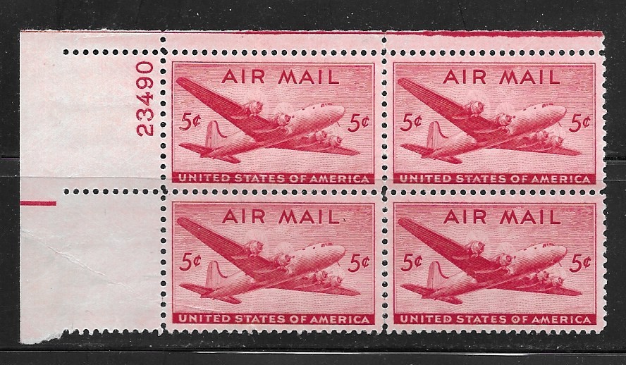 U S Postage Stamps – Scott C32 – 5c 1946 Skymaster Airmail Plate Block