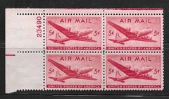 U S Postage Stamps – Scott C32 – 5c 1946 Skymaster Airmail Plate Block