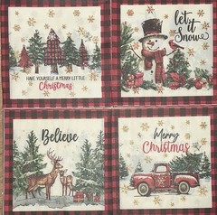 FOUR Paper BEVERAGE Decoupage Craft Napkins Christmas Truck/tree/snowman/deer 5”