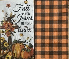 TWO Individual dinner Decoupage Napkins/Fall 4 Jesus/pumpkin/Scarecrow/plaid
