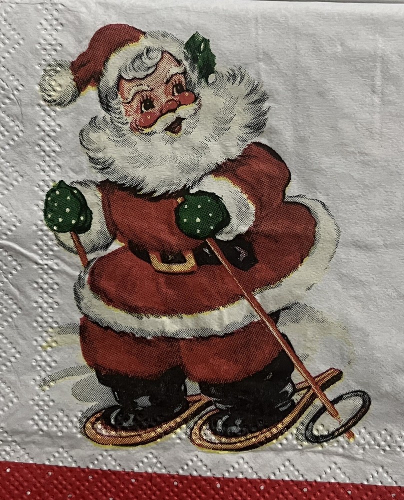 3 Individual Paper Decoupage Beverage Napkins Ski VTG Santa Claus Christmas 5×5