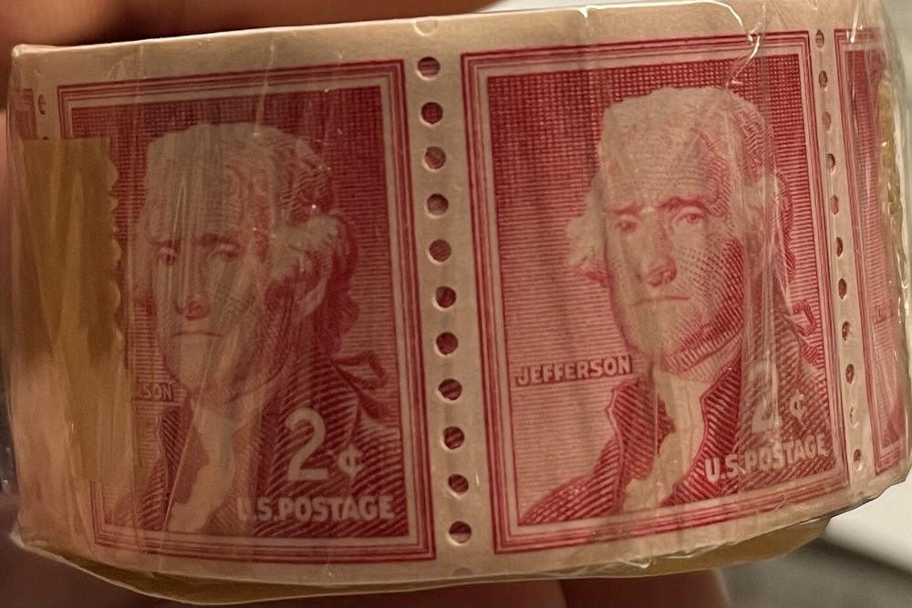 RARE 1954 2 CENT STAMPS 500 STAMP COIL ROLL ORIGINAL WRAPPING THOMAS JEFFERSON