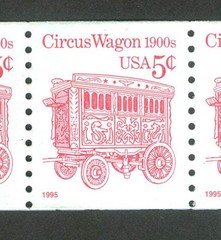 USA POSTAGE – CIRCUS WAGON 1900s – LINE OF 4 x 5 CENTS RED STAMP – 1995