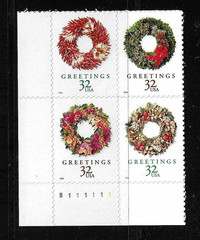 USA SC # 3252b Christmas wreaths / BLK4 Plate Number – Christmas 1998 – . MNH