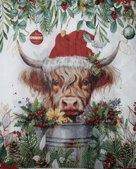 Three Paper Lunch Napkins Decoupage Christmas Highland Cow Santa/pine Cones 6.5”