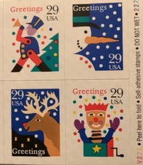 Christmas stamps Greetings booklet self adhesive twelve 29c Scott cat #2791-2794