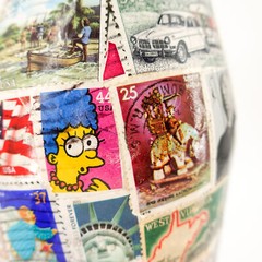 US Postage Stamp Covered Bottle Handmade Pop Culture Art «The Last One Mom Made»