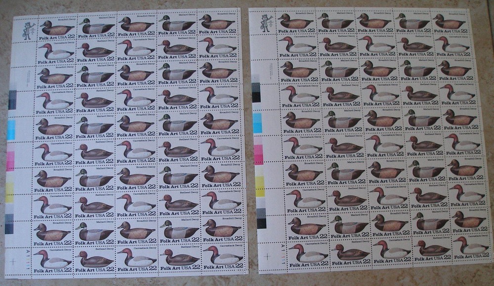 2 FULL SHEETS of 100 Stams # 2138-2141 Duck Decoys 22 cent