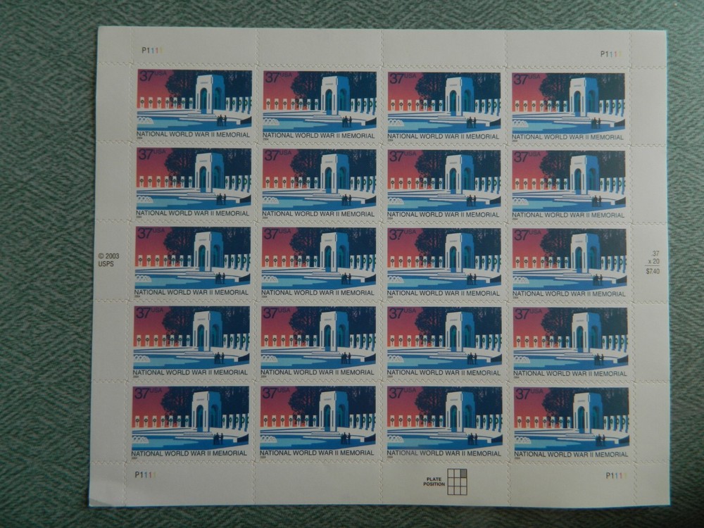 US SC# 3862 PANE OF 20 NATIONAL WORLD WAR II MEMORIAL MNH (LOT F)