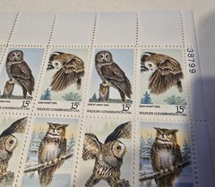 1978 Plate Block #38799 American Owl Postage Stamps – 15 Denomination