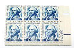 6 Block of George Washington 5 Cent Stamp Blue