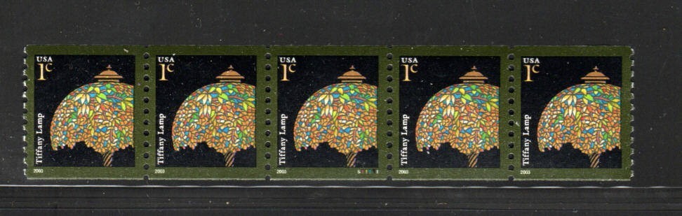 US Stamps – 1 cent Tiffany Lamp Plate Number (S11111) Strip of 5 (SC# 3758)