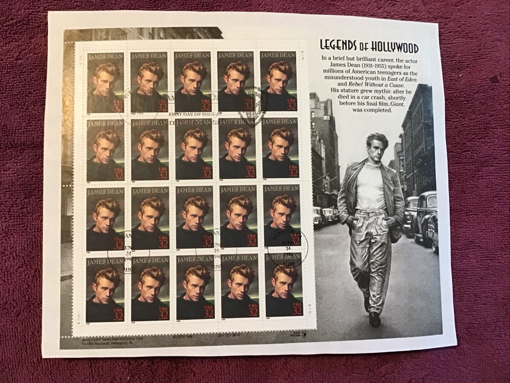 US SCOTT 3082 PANE OF 20 JAMES DEAN 1st DAY ISSUE HOLLYWOOD 32 CENTS MNH